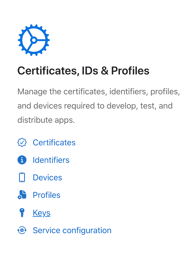 Certificates, IDs &amp; Profiles menu